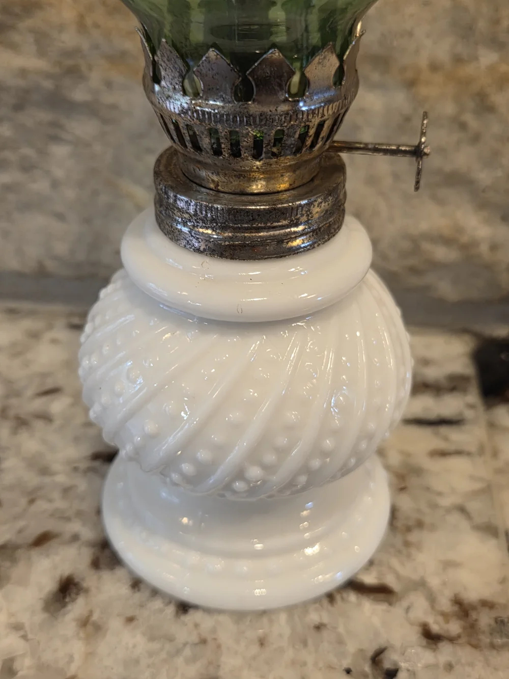 Vintage White Hobnail Milk Glass Mini Oil Lamp w/Fluted Green Glass Chimney